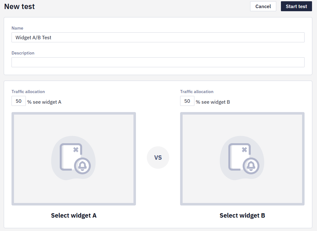 New test window with the Name field showing a validation error, a Description field, and two widget preview placeholders separated by a VS icon