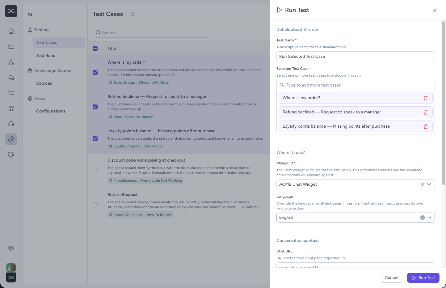 Run Test drawer with run name, Chat Widget, language override, Chat URL, metadata, and selected test cases fields