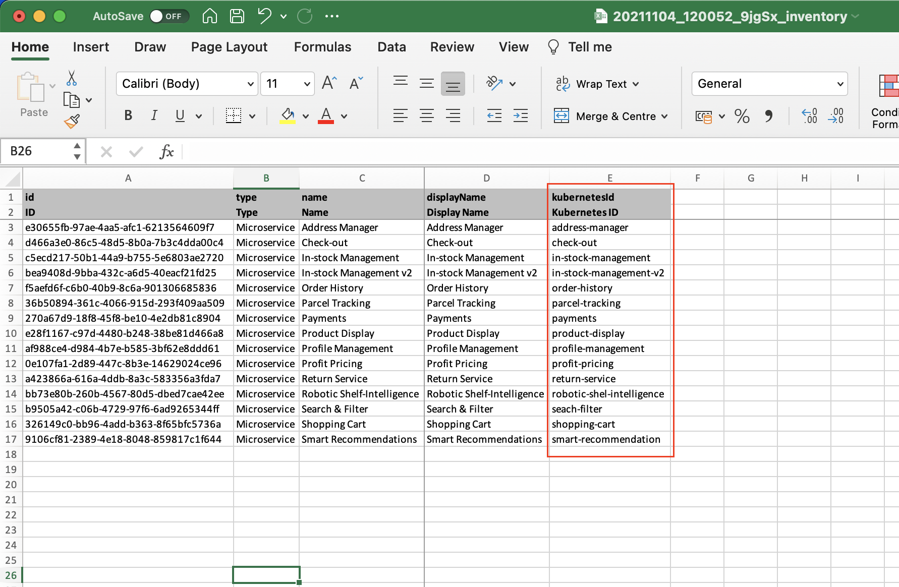 Mapping completed in Excel.