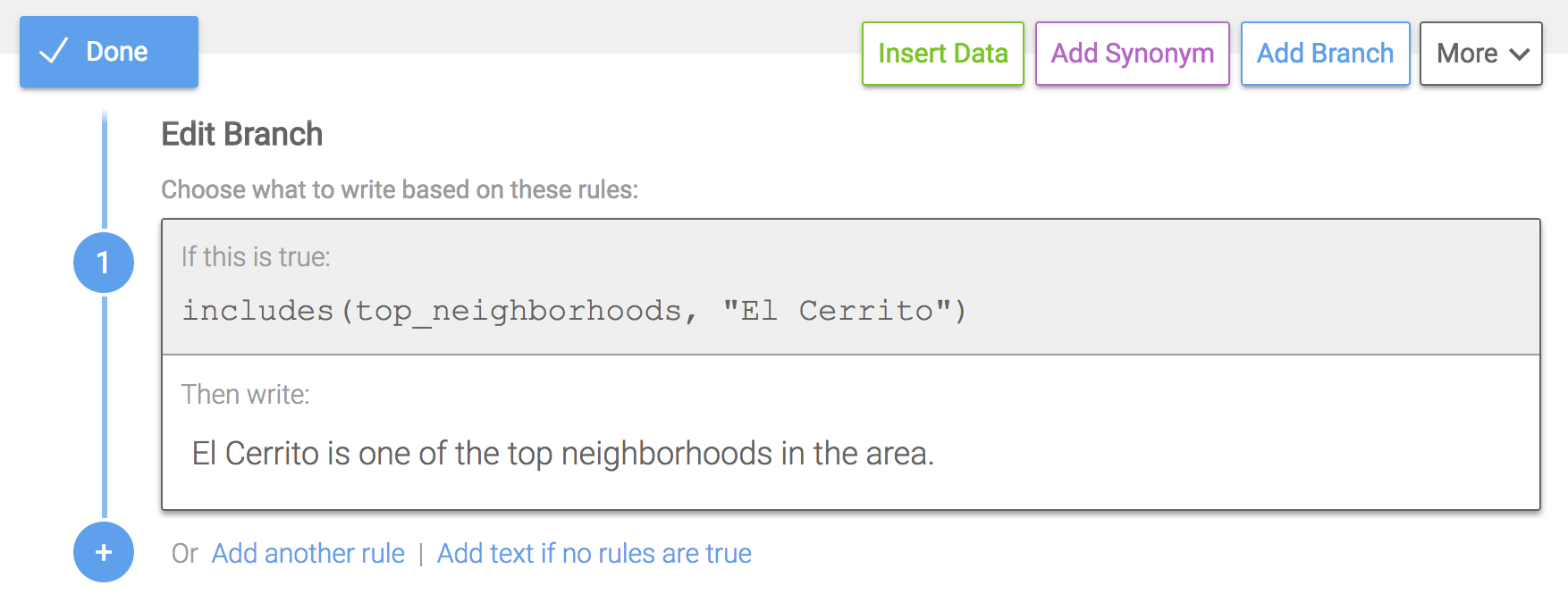 This rule will return True for data that has "El Cerrito" as a top neighborhood.