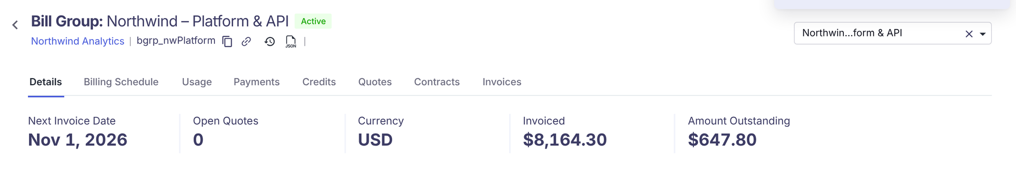 Bill group summary showing Next Invoice Date Nov 1, 2026; Open Quotes 0; Currency USD; Invoiced $8,164.30; Amount Outstanding $647.80.