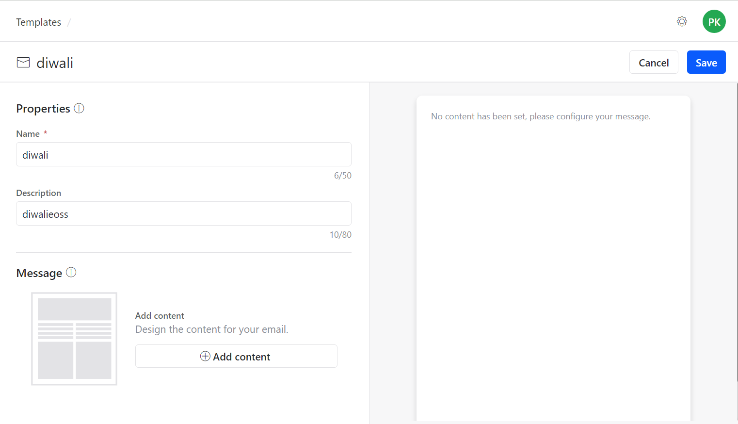 Email template properties section