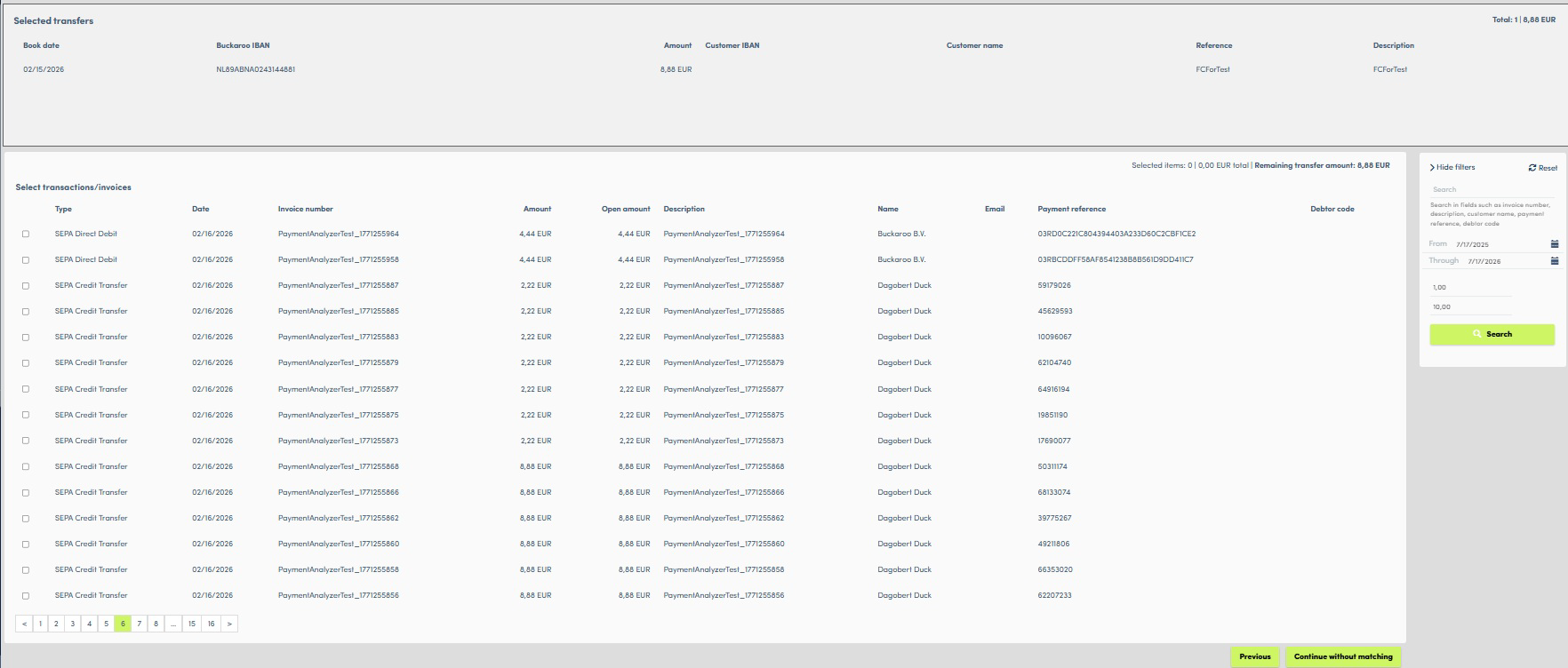 Transactions and invoices screen
