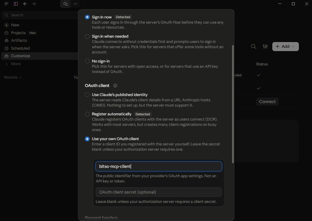 OAuth client set to Use your own OAuth client with client ID bitso-mcp-client