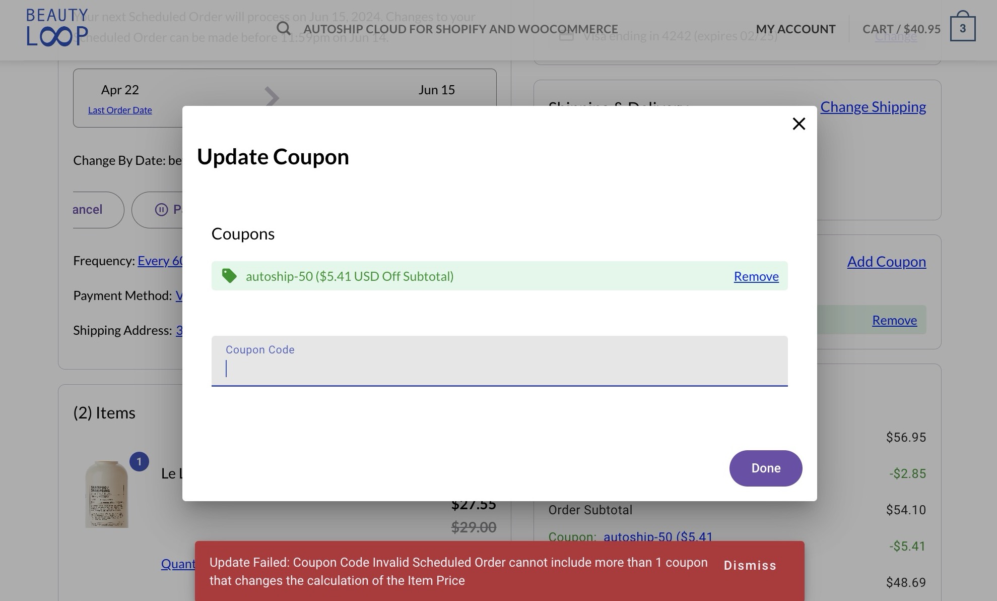 Pictured: The Update Coupon Component is used by a subscriber to add a coupon to their Scheduled Order and displays a notice that helps the subscriber understand why their coupon cannot be applied.