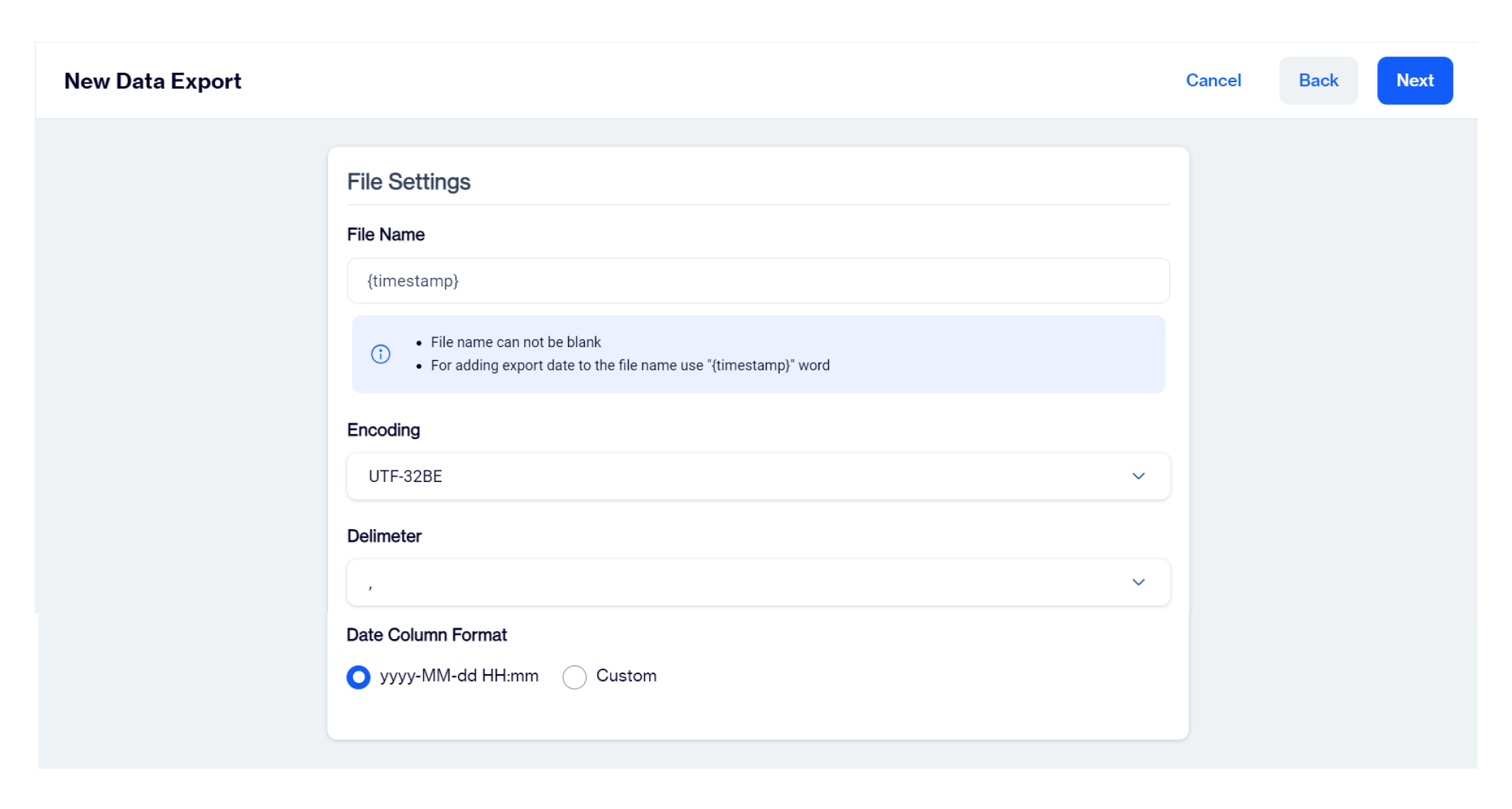 File Settings for FTP Export