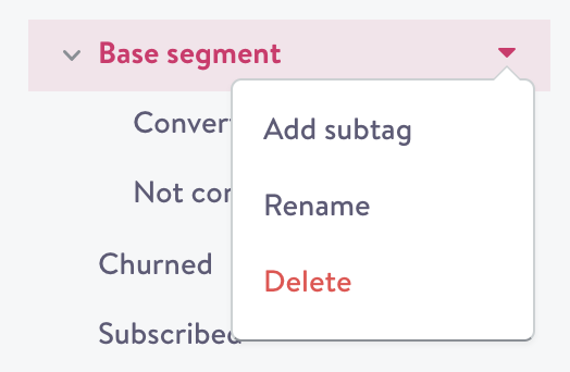 The sidebar provides the option Add a Subtag, Rename and Delete tags.