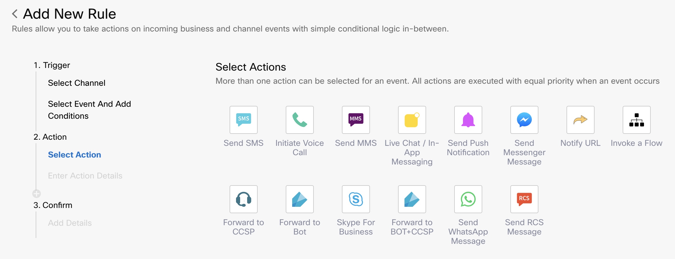 Secreenshot of Select Action on Rules page.