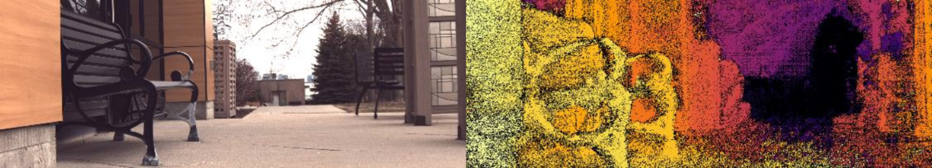 Dense stereo results from Bottlenose, in outdoor setting. The camera uses Semi-Global Matching (SGM) and has selectable sub-pixel, cross check, penalty, and number of directions. 