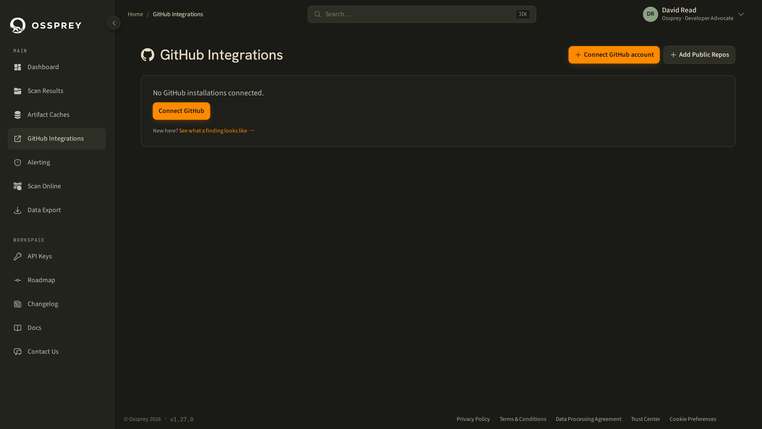 The GitHub Integrations page