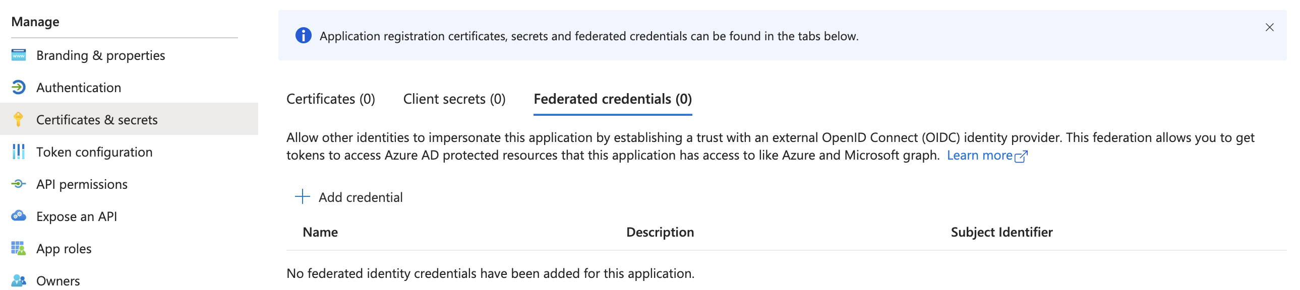 Certificates & secrets section of the Azure AD app