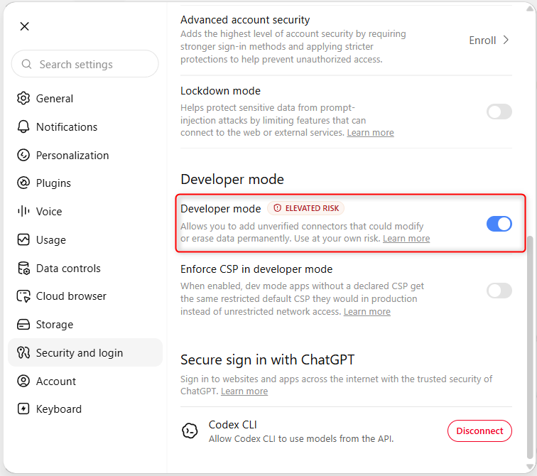 ChatGPT Security and login settings with Developer mode enabled