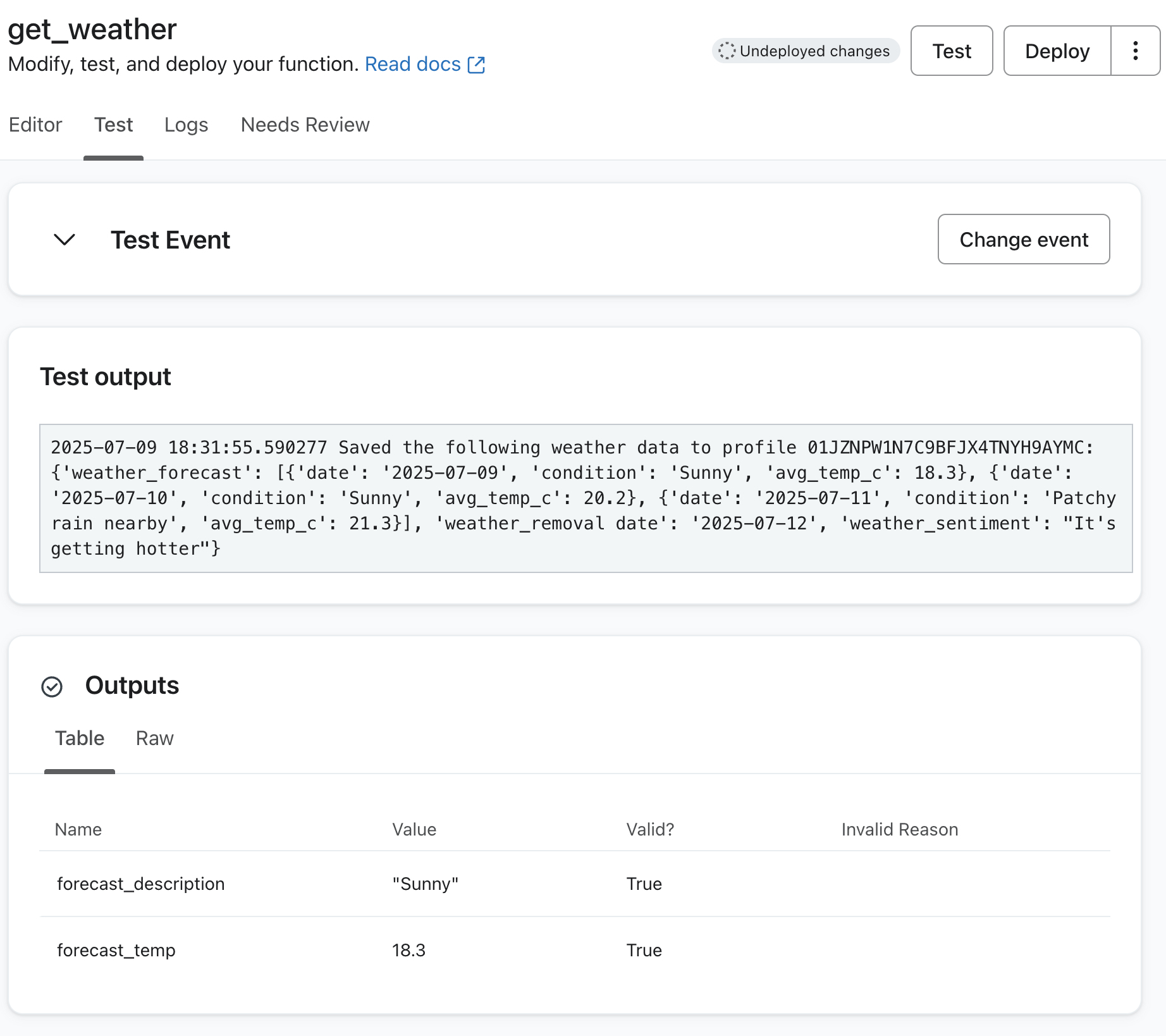test event for checking output validity for custom action