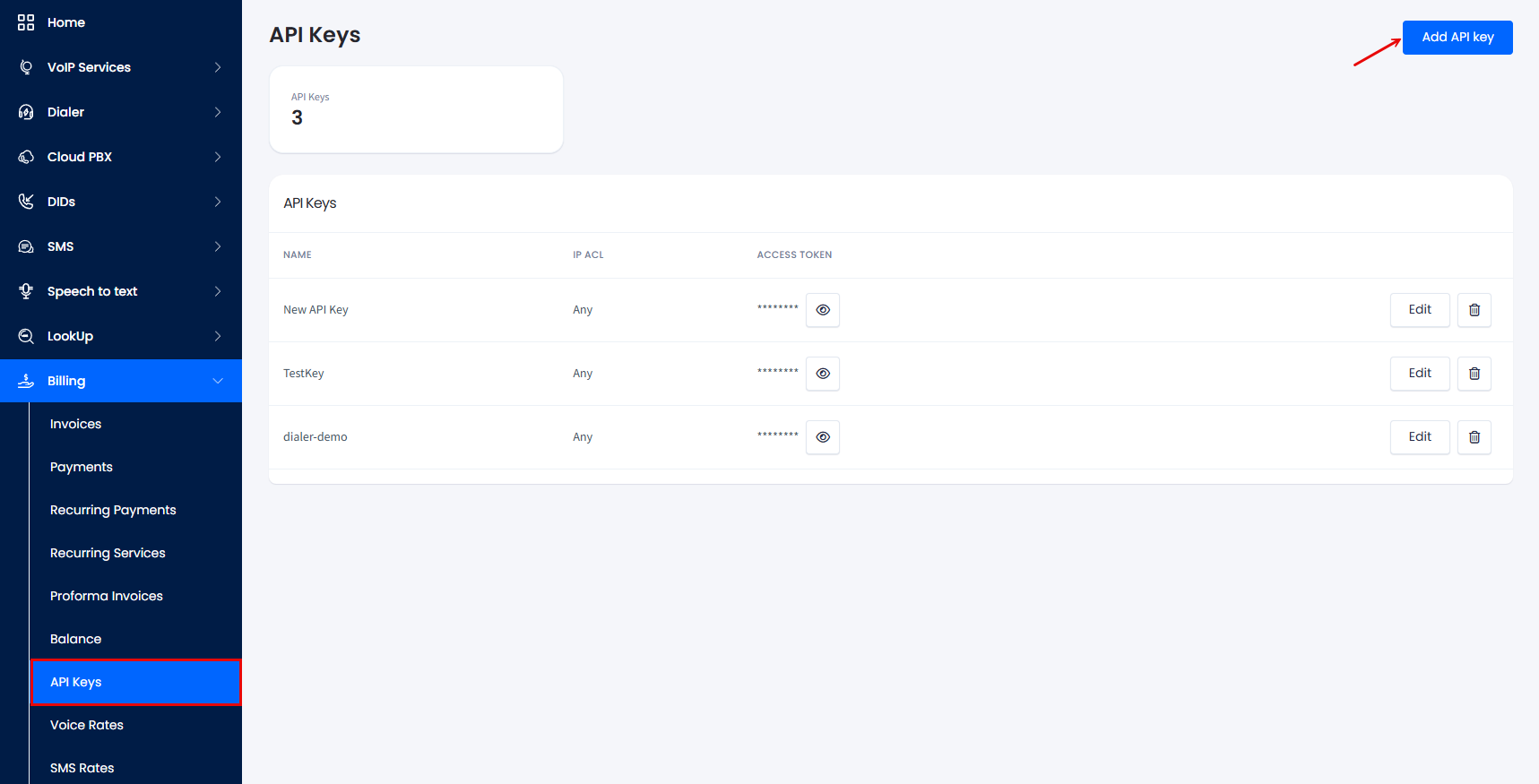 The API Keys page with the Add API key button