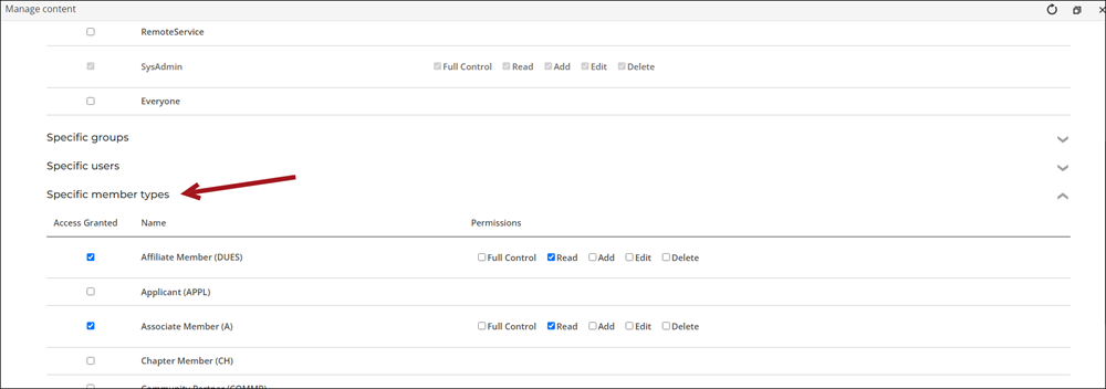 Expanding the Specific member types area