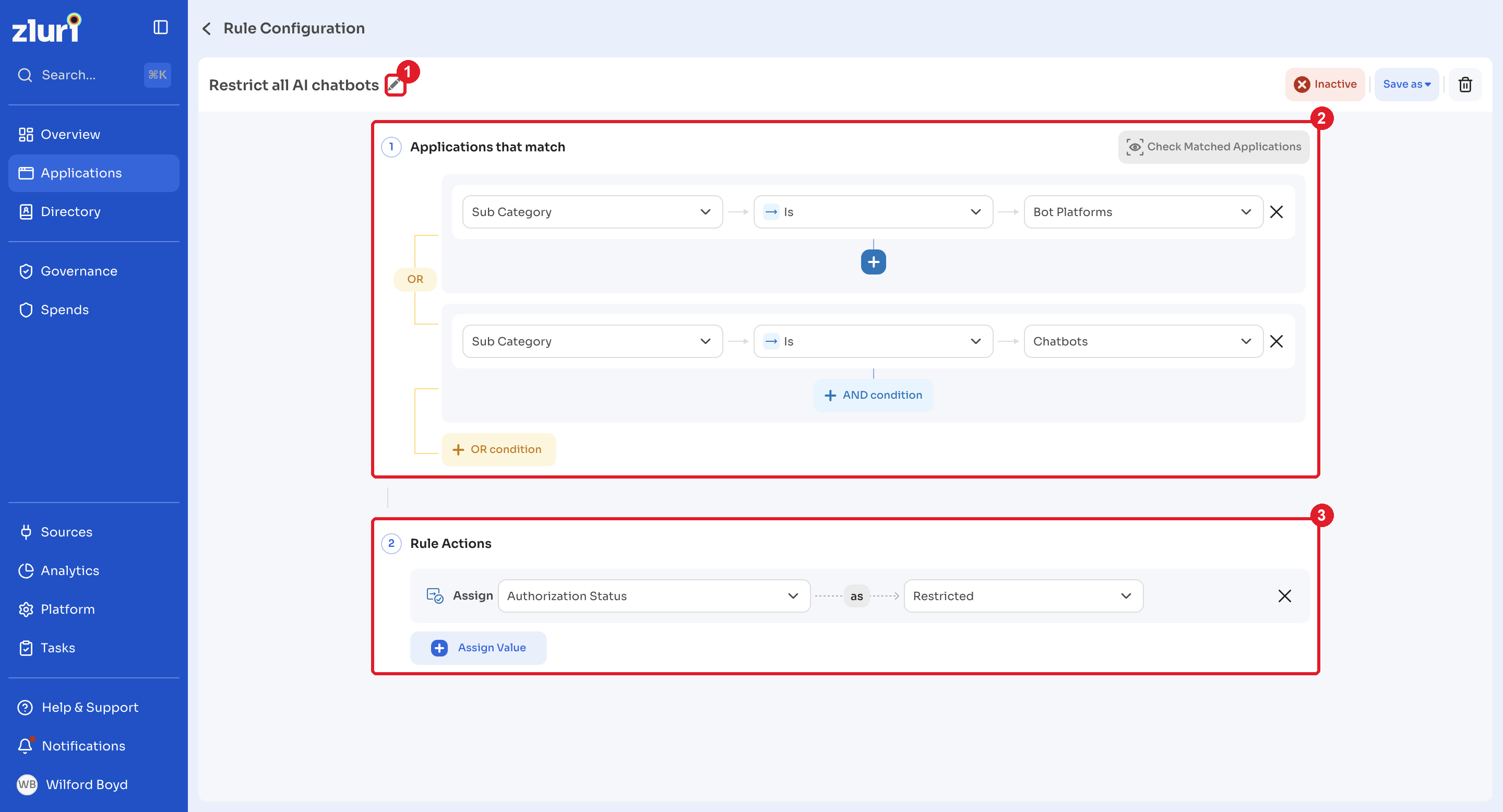 Rule editor with name, conditions, and actions