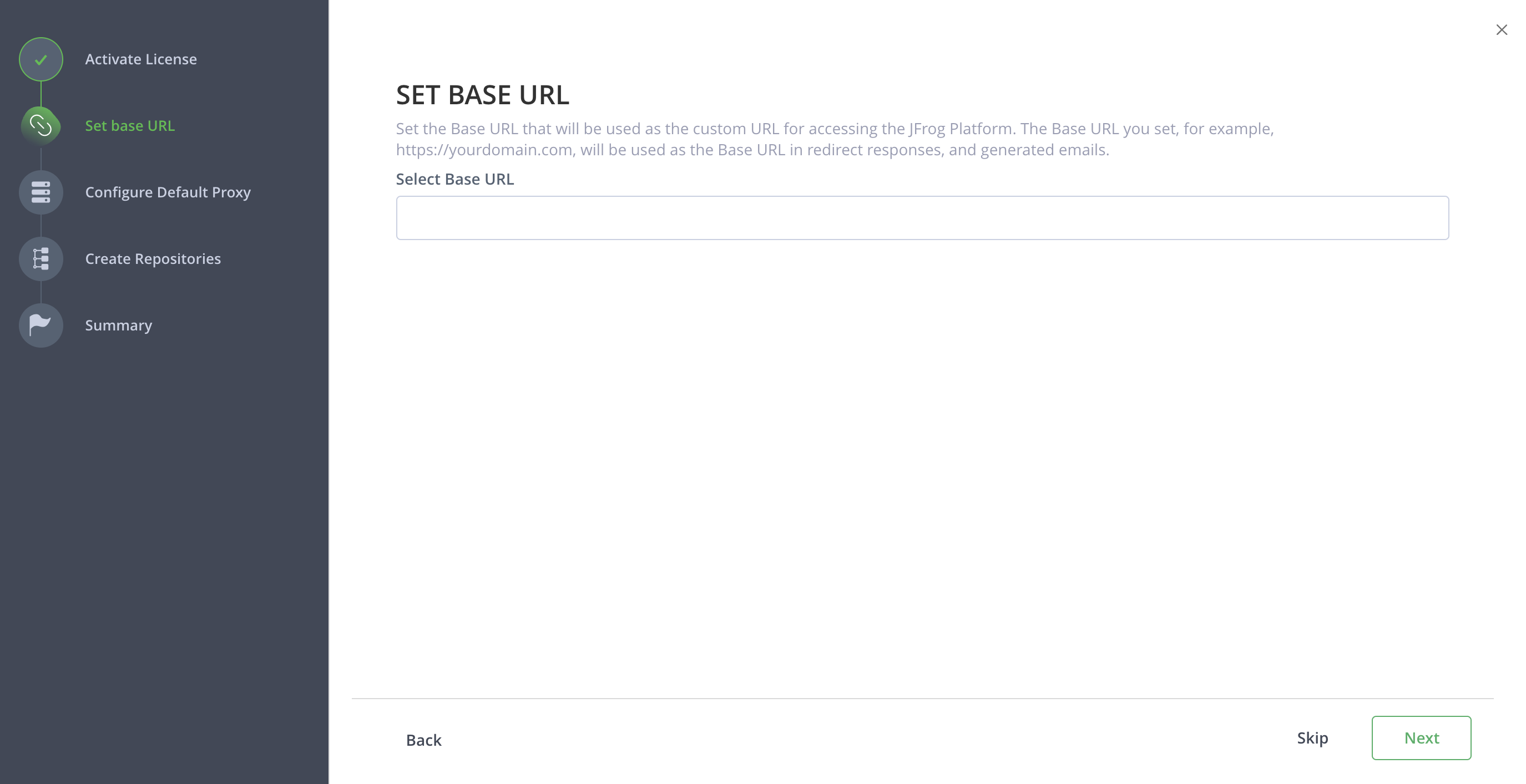 Onboarding wizard base URL configuration screen with URL input field