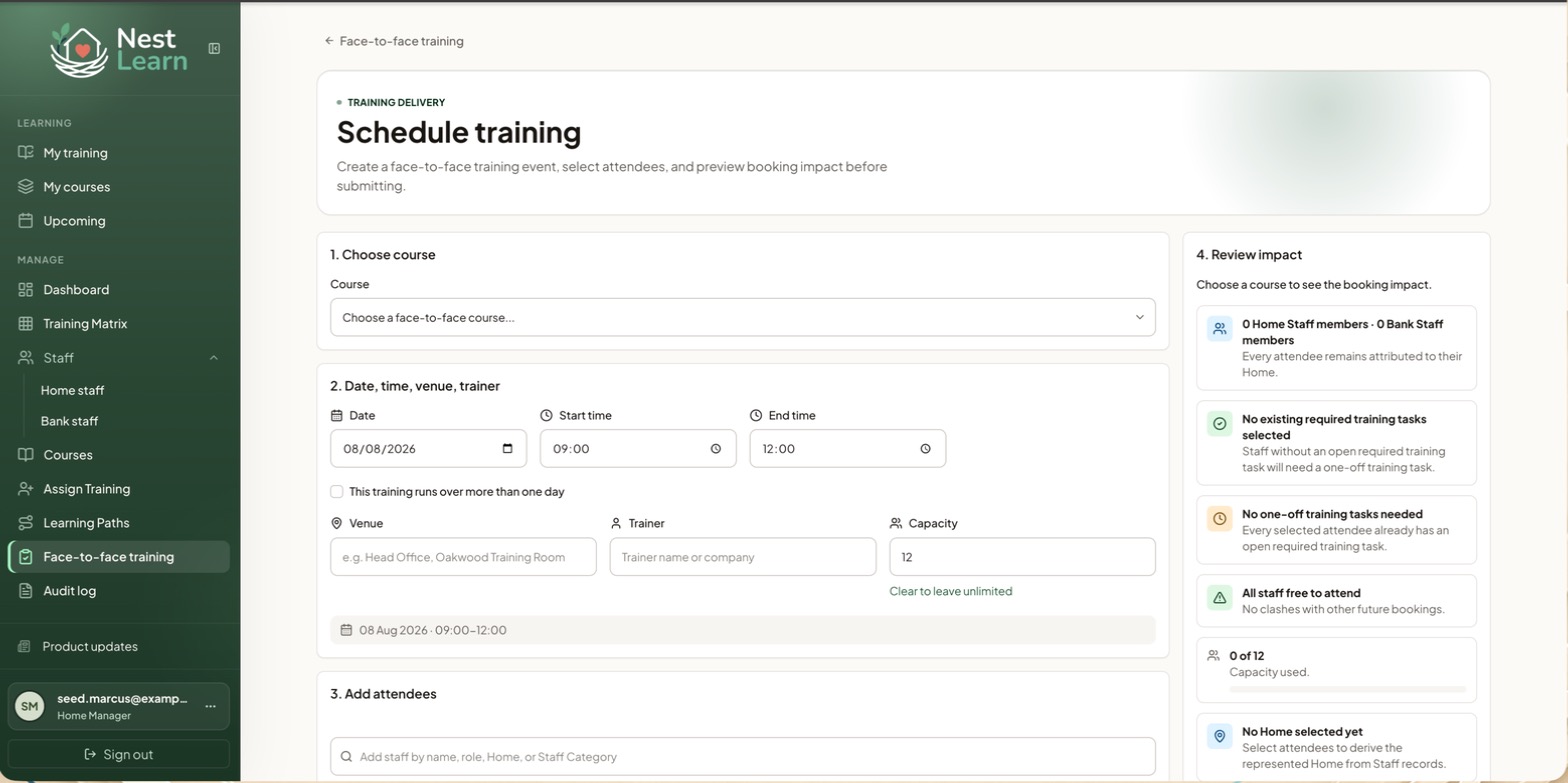 The Schedule training form, with the Review impact panel on the right