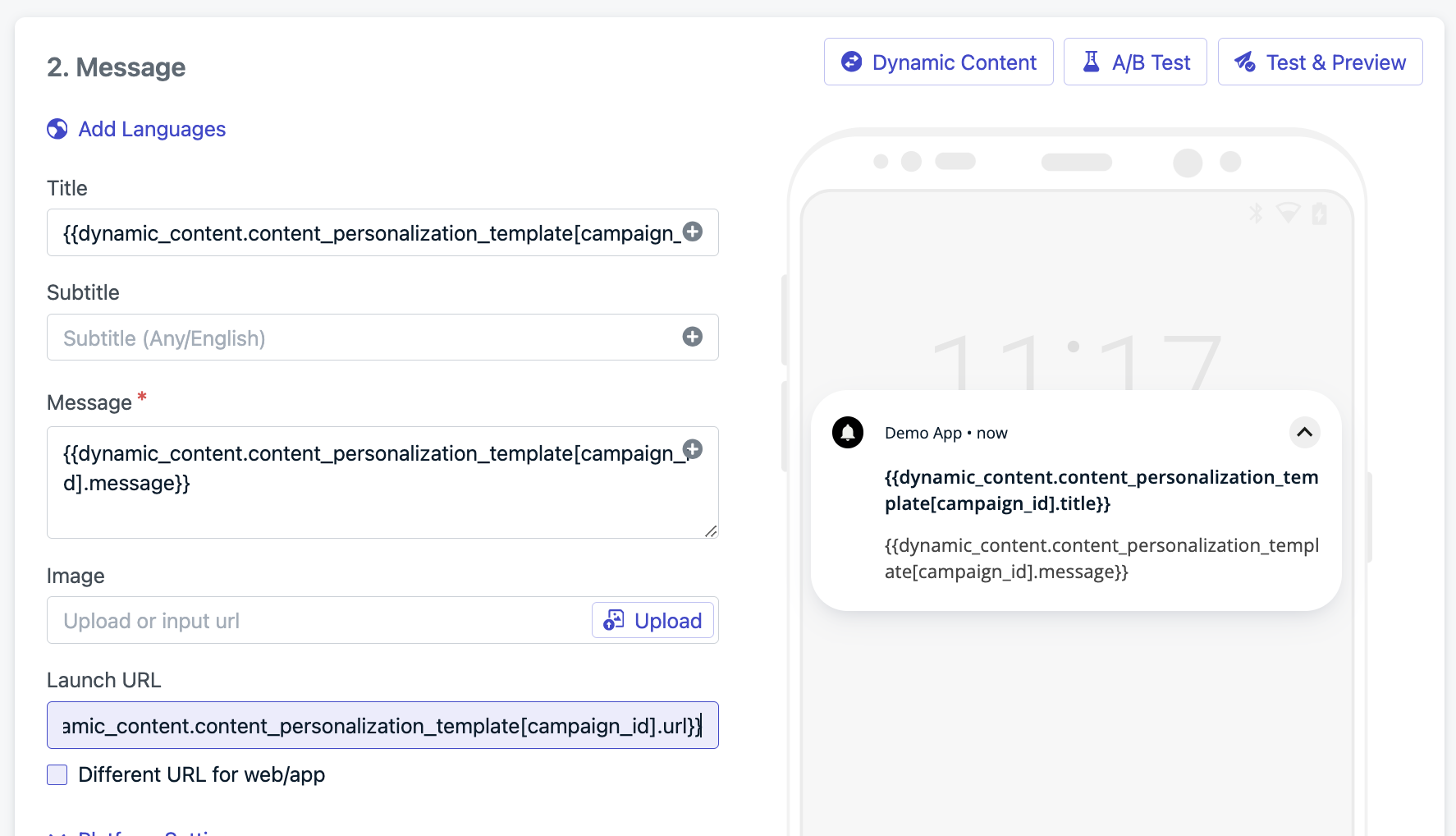 Example shows how to add the liquid syntax for the content personalization example.