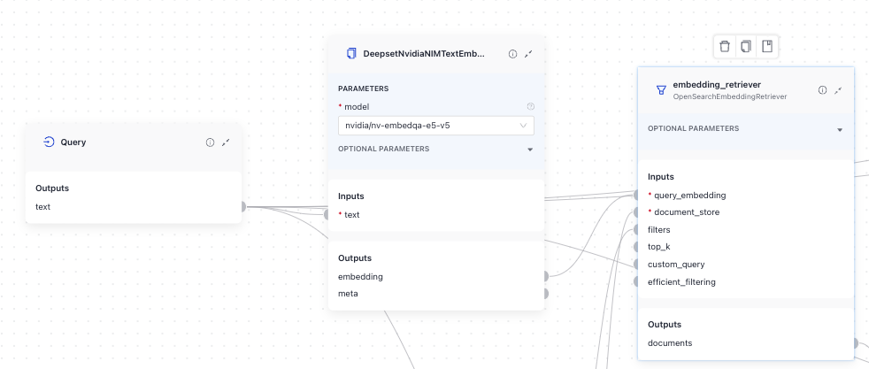 DeepsetNvidiaTextEmbedder connected to Query and OpenSearchEmbeddingRetriever in Builder