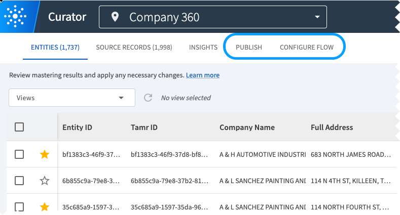 Publish and Configure Flow tabs available in Curator 