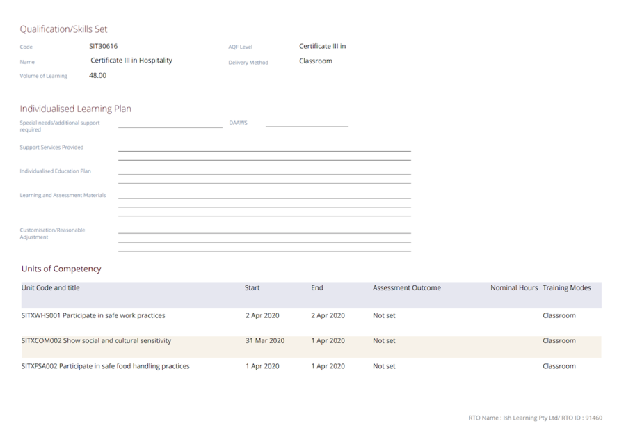 Figure 397. The 3rd page of the Training Plan starts the list of outcomes with visible start and end dates.