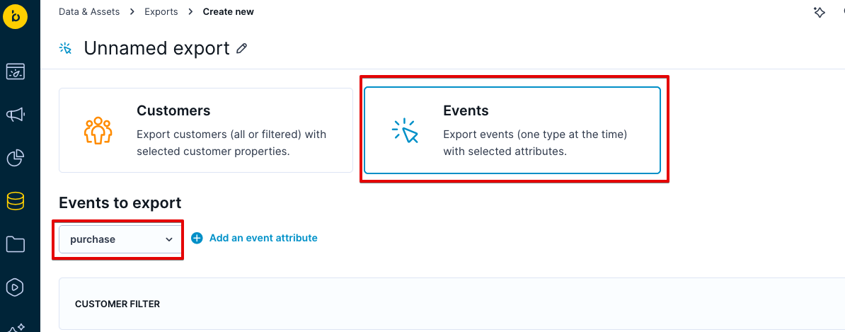 Export creation screen with Events option and purchase event selected.