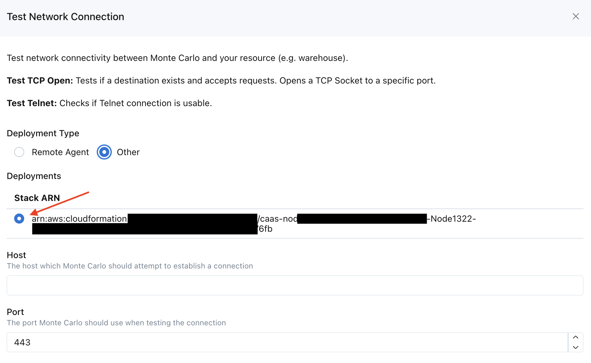 Example of Selecting a Cloud Deployment on the Monte Carlo UI