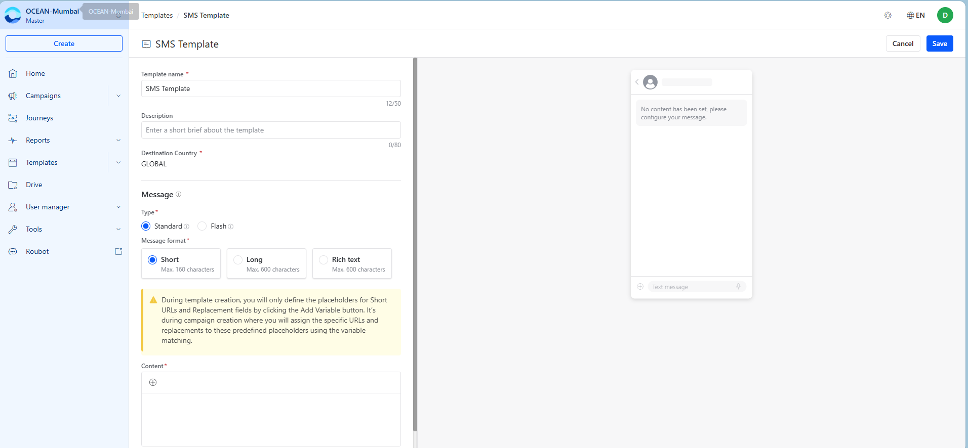 Configure Global SMS template content