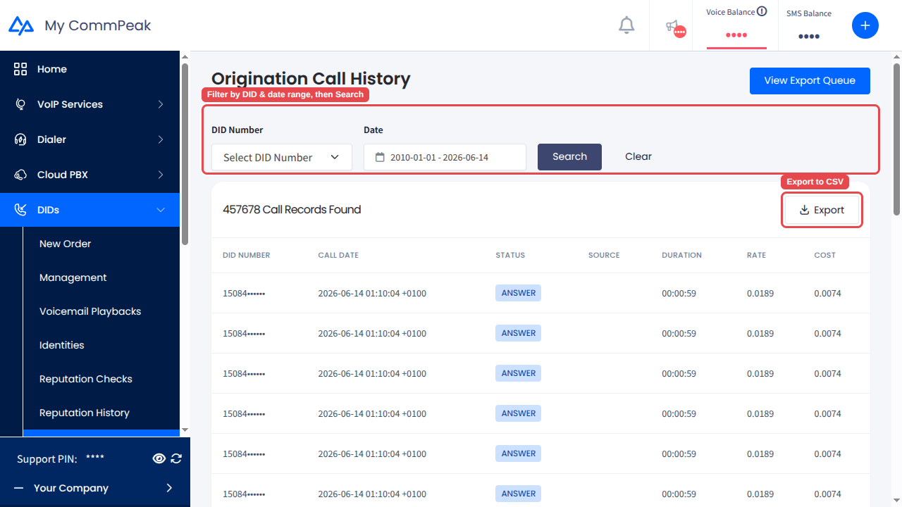 The Origination CDR report with the filter bar and Export button highlighted