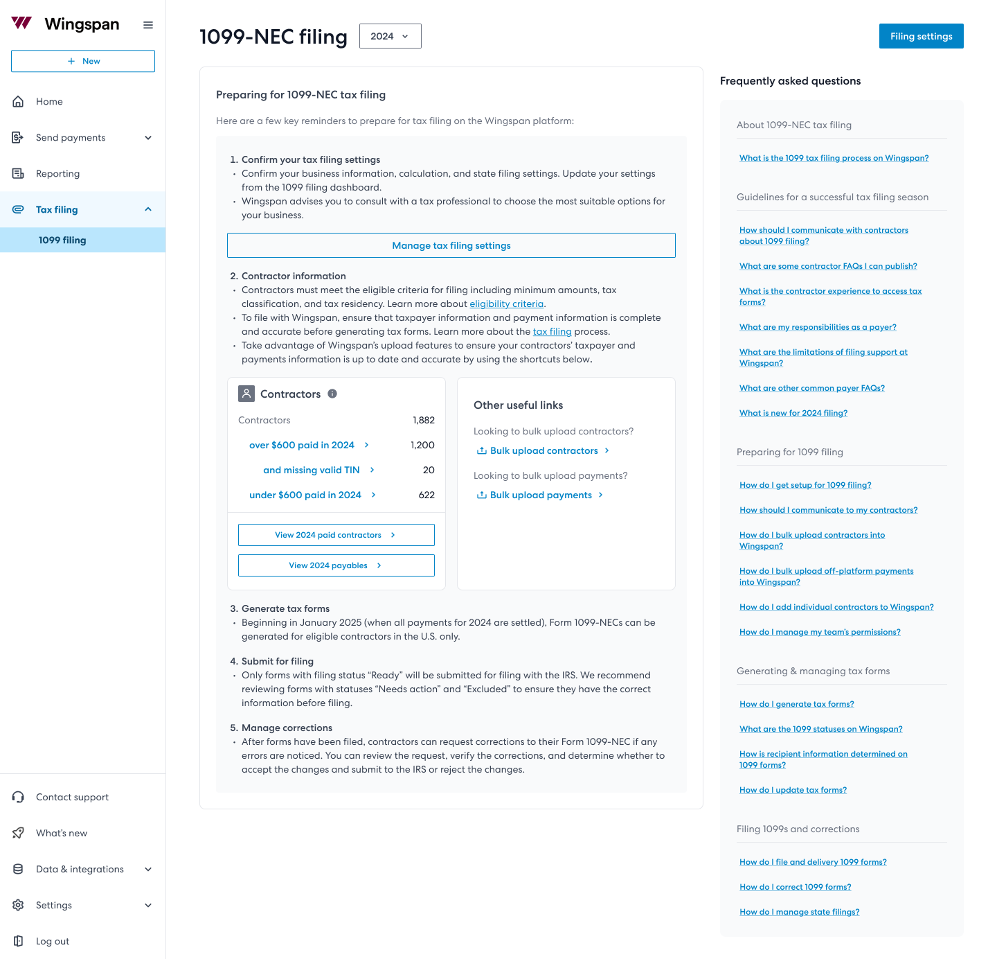 1099-NEC filing dashboard screenshot