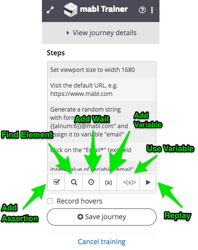 Where to locate options to view details, record hovers, add an assertion, delete steps, save and stop training, and cancel training all together.