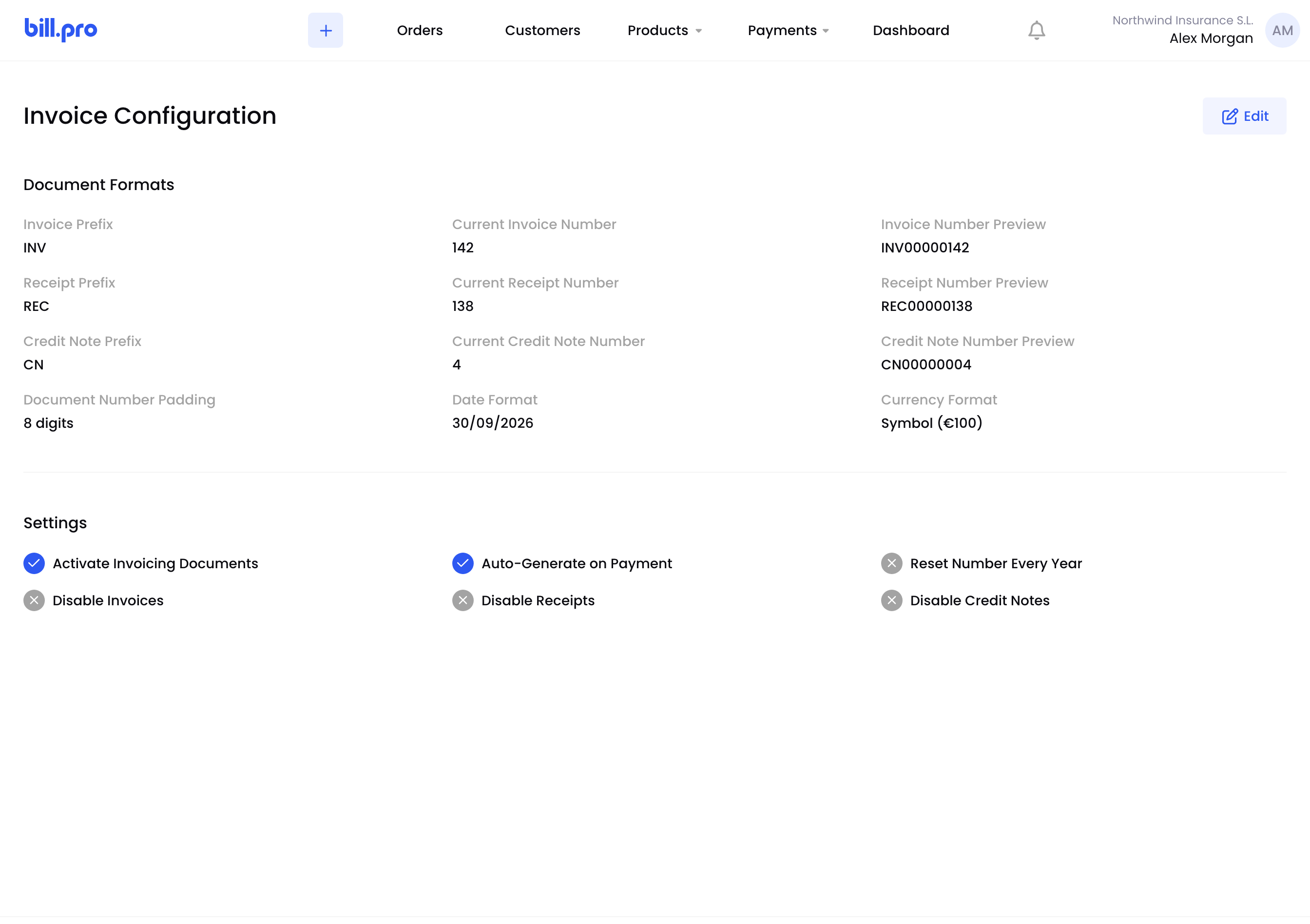 The Invoice Configuration page