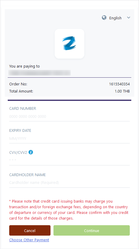 Payment Page for Credit Card