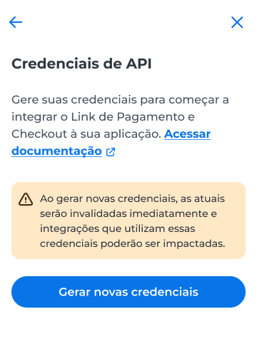 Tela Credenciais de API com o botão Gerar novas credenciais