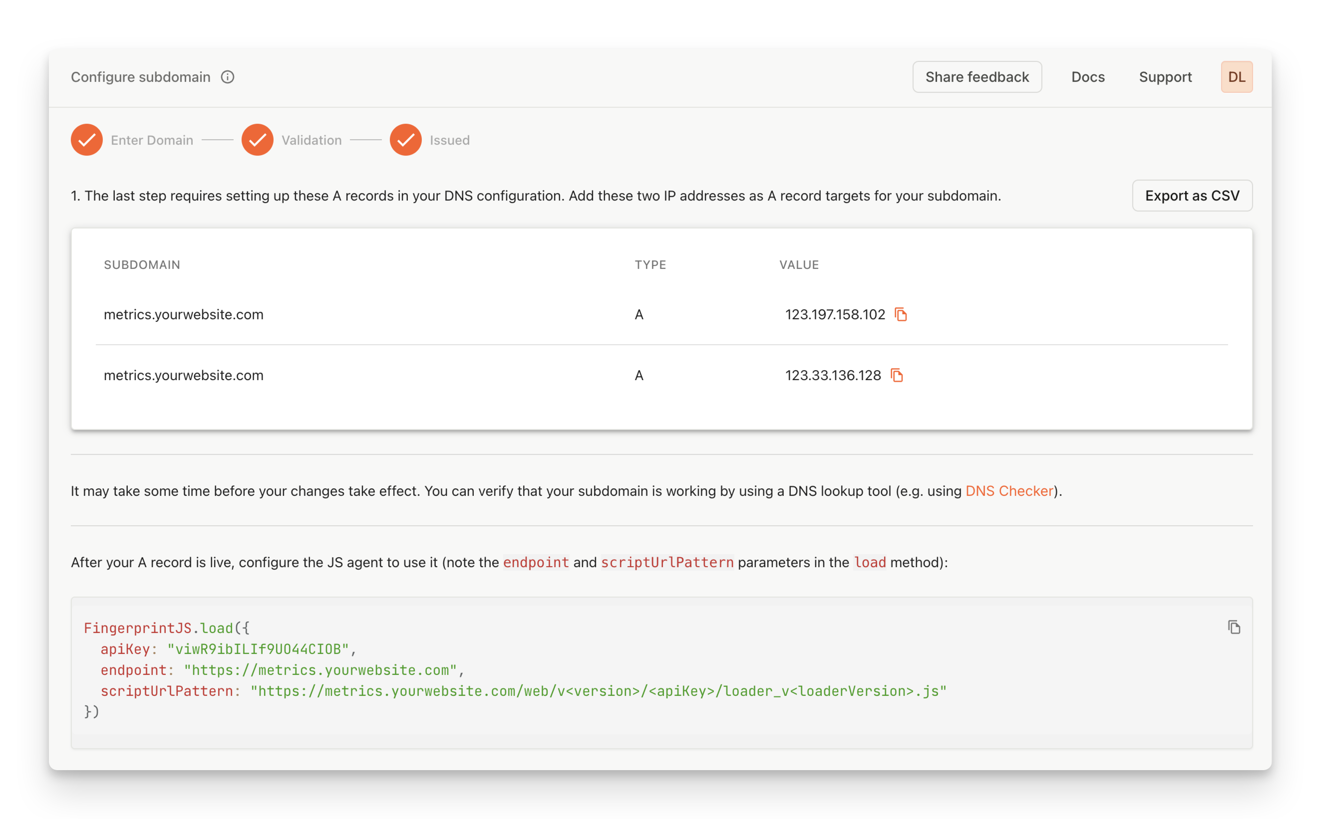 Screenshot of a completed custom subdomain creation process