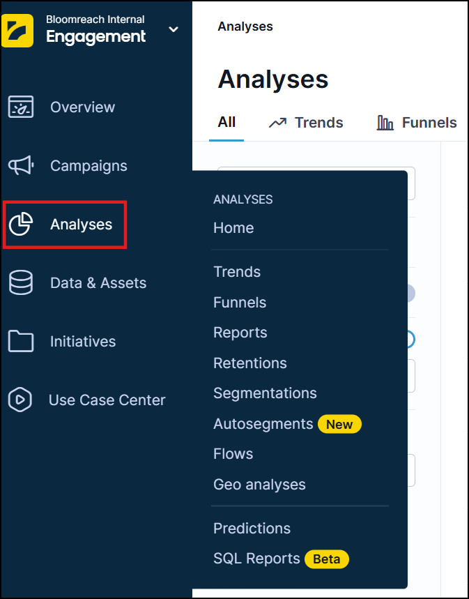 Analyses section in the Bloomreach navigation menu with sub-items including Trends, Funnels, Reports, and Segmentations.