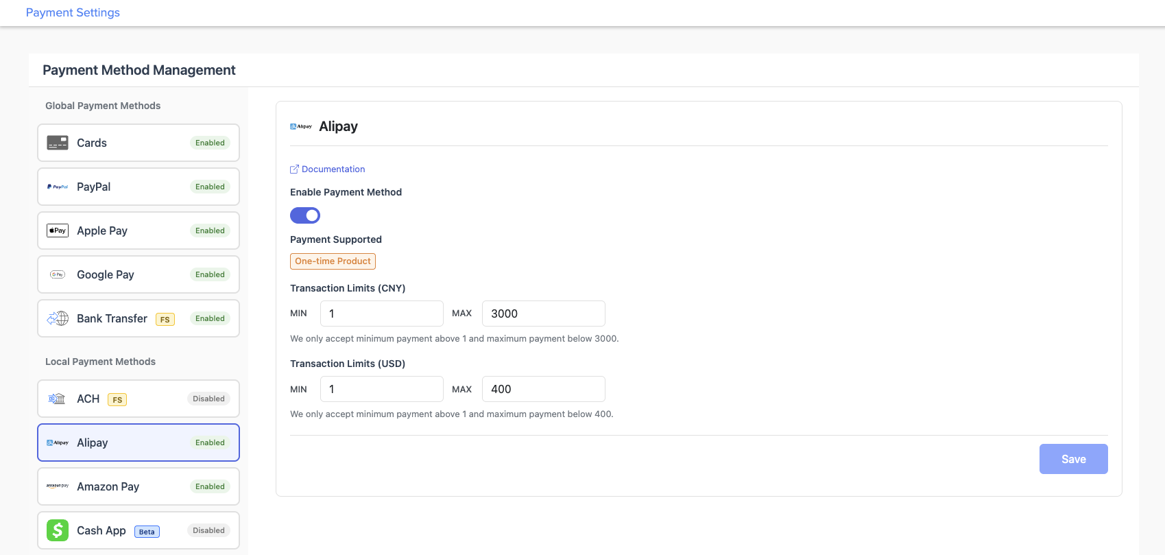 Payment Method Management page with Alipay selected. The right panel shows the Alipay settings panel with a Documentation link, the Enable Payment Method toggle, a Payment Supported chip for One-time Product, and two Transaction Limits sections — CNY with MIN 1 and MAX 3,000, and USD with MIN 1 and MAX 400.
