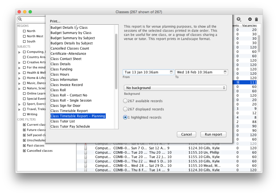 Figure 311. Options for the Class Timetable Report - Planning