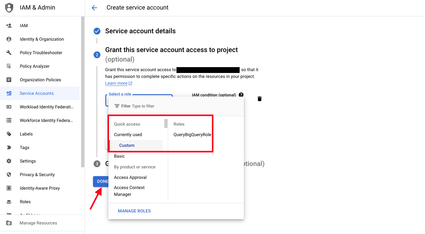 FIG. 5 - Assign the custom IAM Role to the GCP Service Account and finalize creation