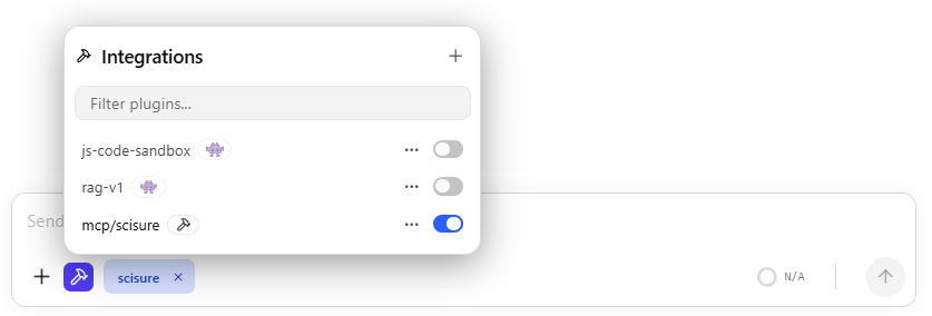 LM Studio Integrations menu with mcp/scisure enabled and the scisure chip visible in the prompt
