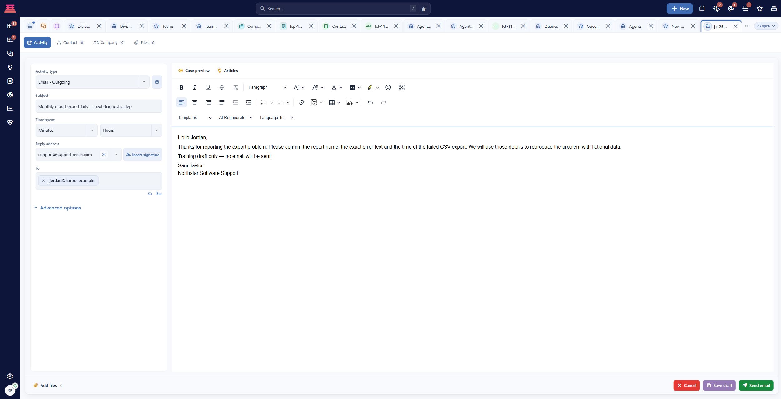 Outgoing-email composer with a fictional recipient and a training draft. The screenshot was captured before Save draft; Send email was not used.