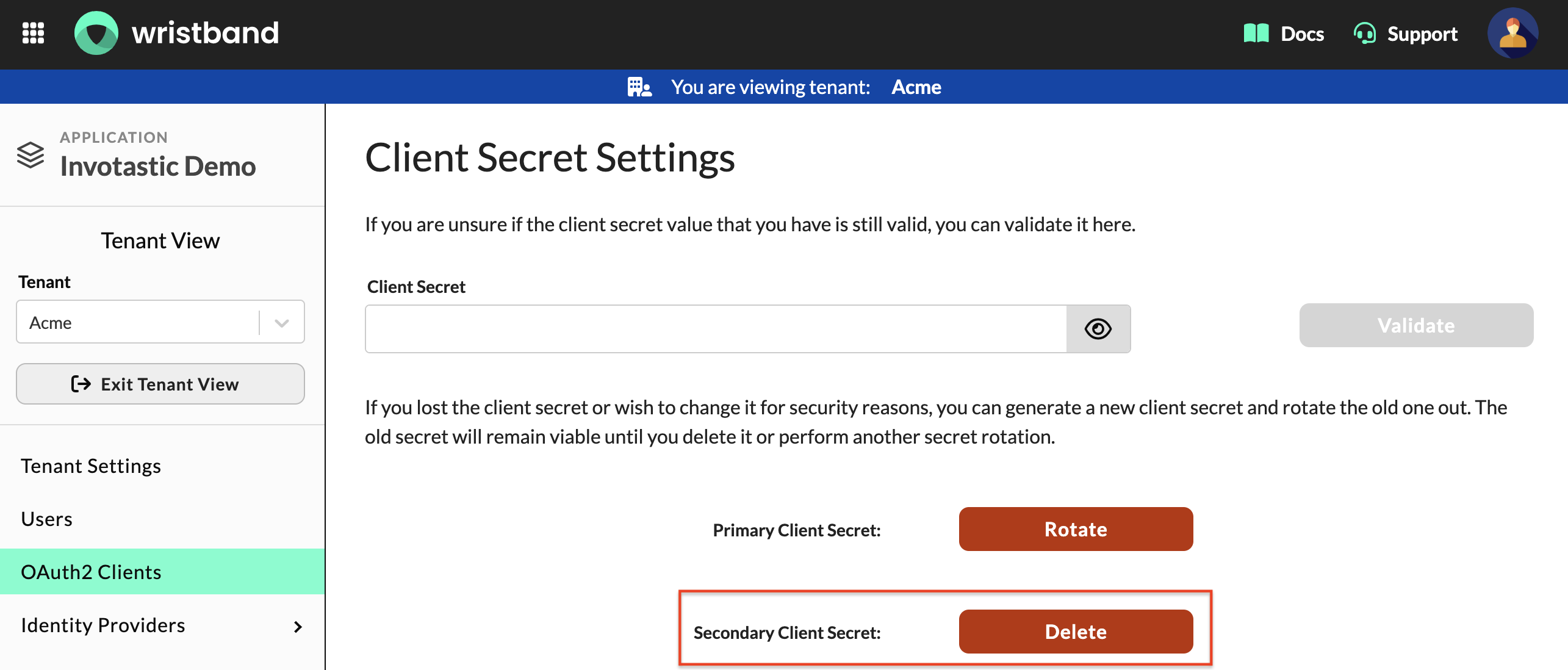 Client Secret Settings section on the Edit Client page for a tenant-level M2M client showing the Delete button for the Secondary Client Secret.