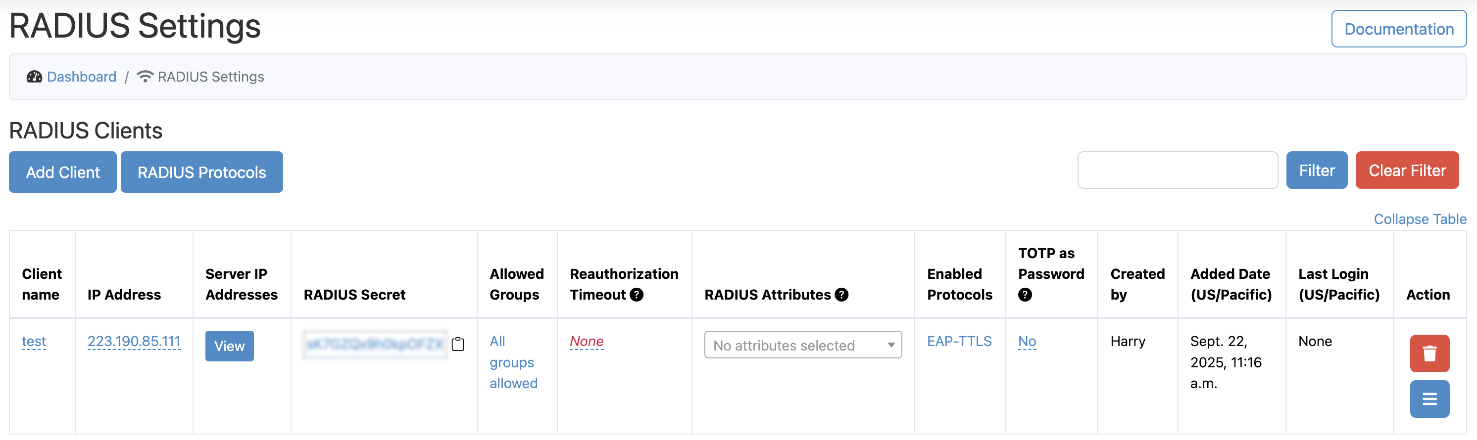 RADIUS Client with EAP-TTLS enabled