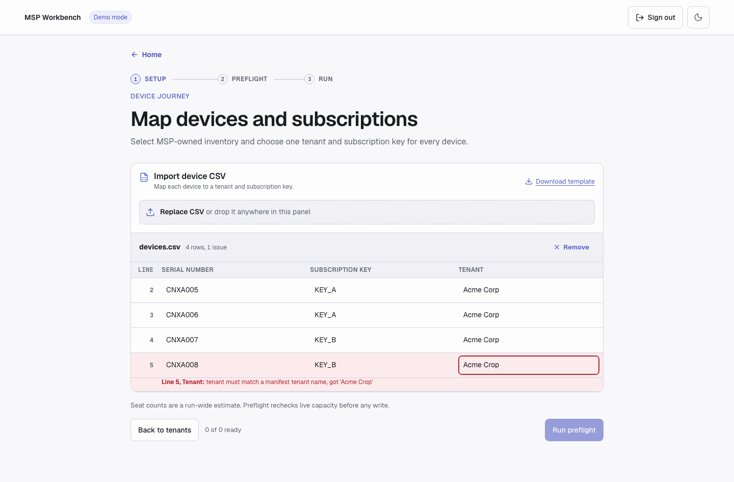 Import device CSV panel