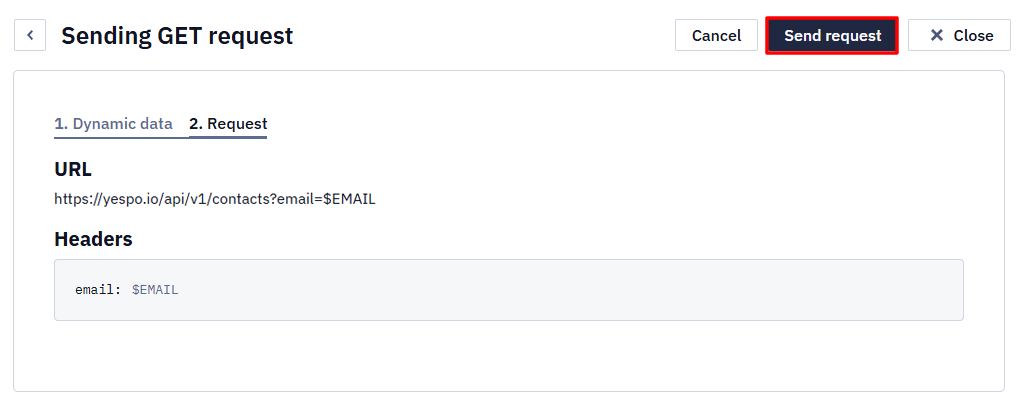 Sending GET request dialog on the Request step showing the resolved URL and headers, with the Send request button highlighted