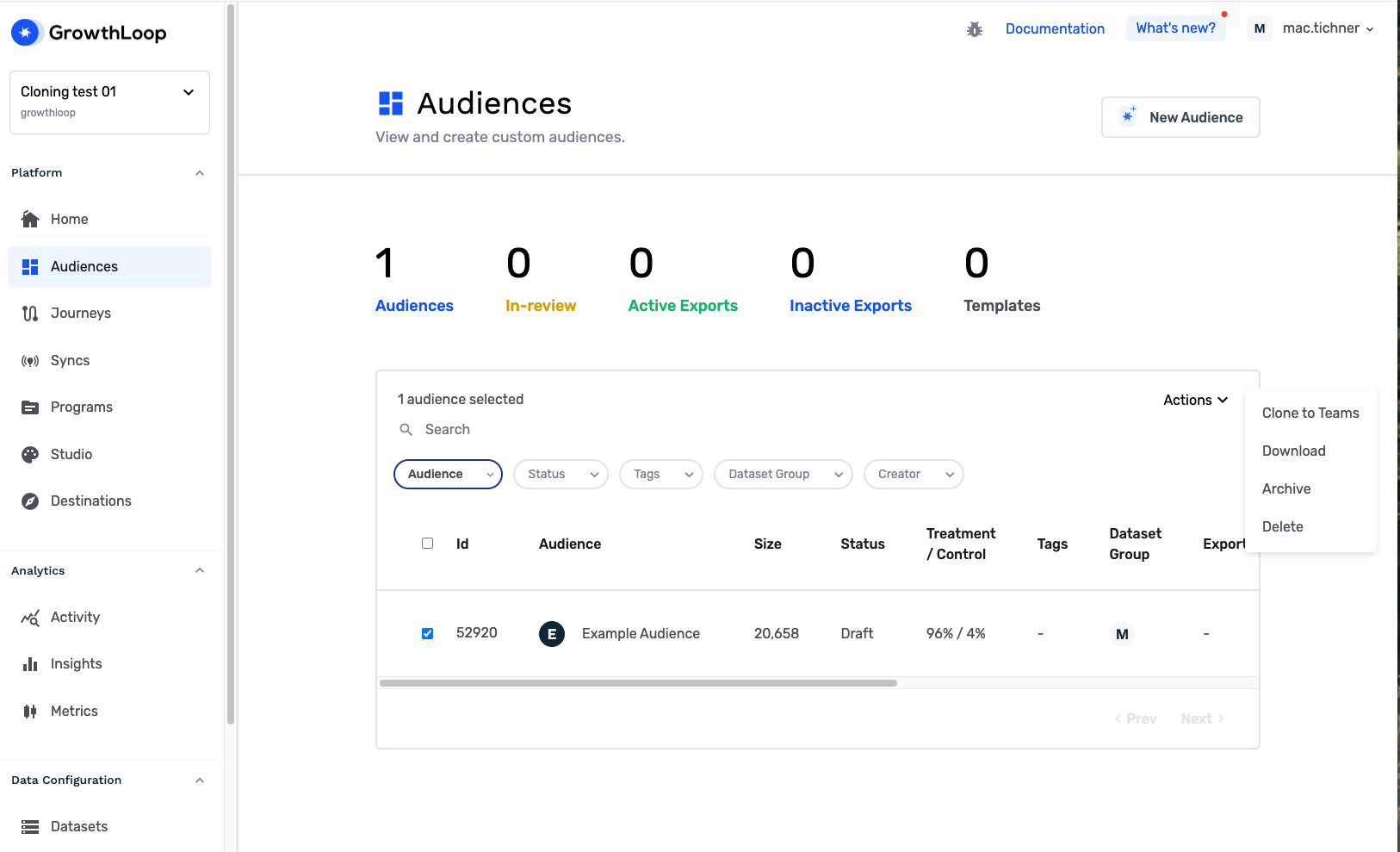 Actions menu with Clone to Teams option