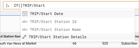 Formula bar with an If function, using autocomplete to identify the related columns, shown with a link icon and the title of the relationship, in this case, Start Station Details