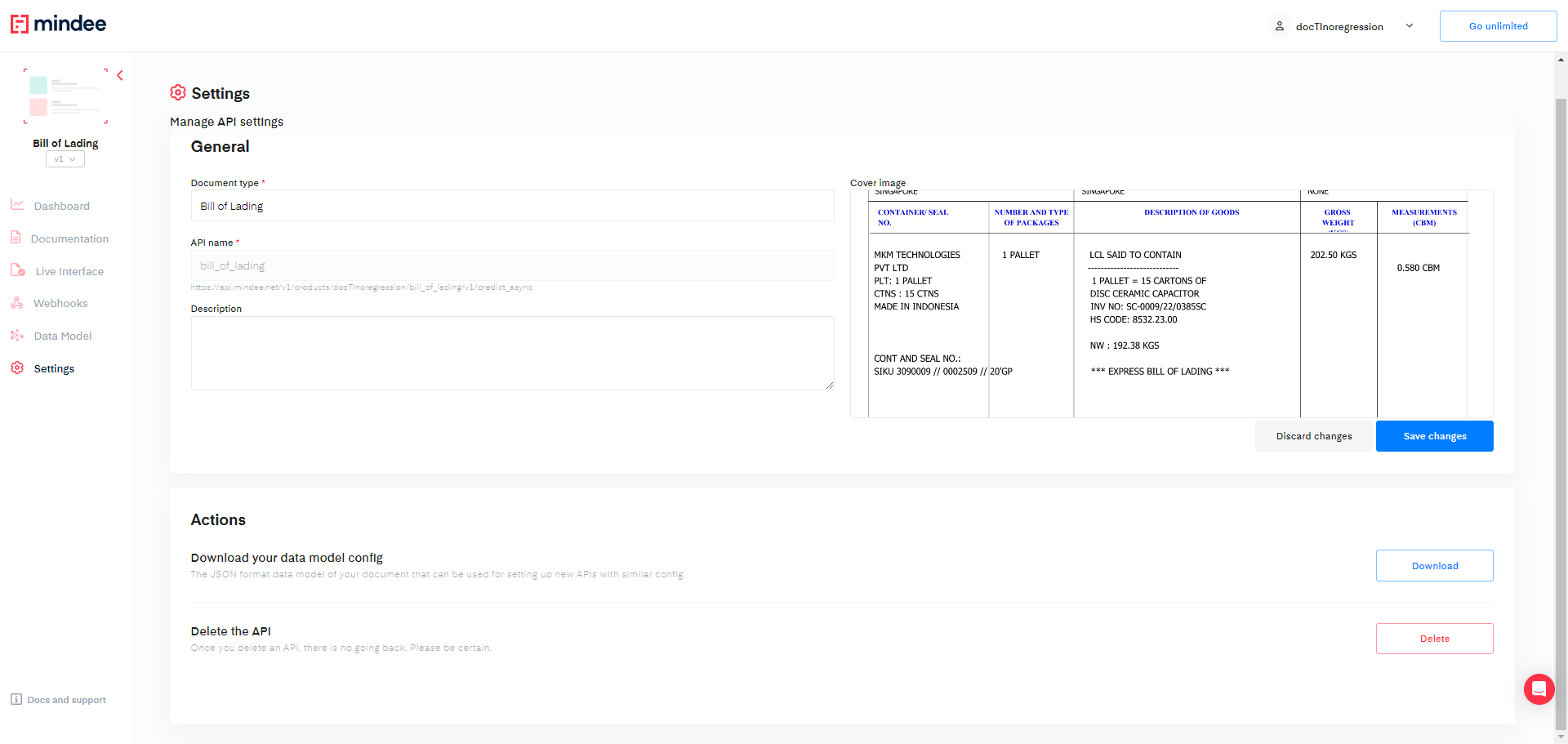 Mindee API settings section