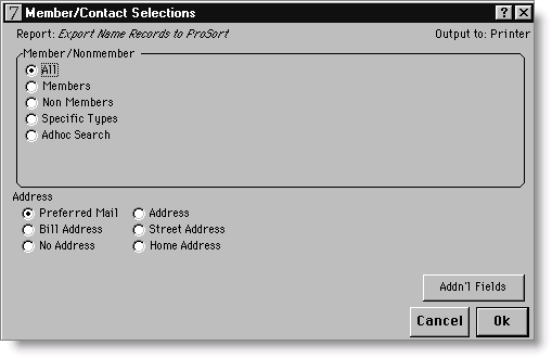 The Member/Contact Selections window opens.